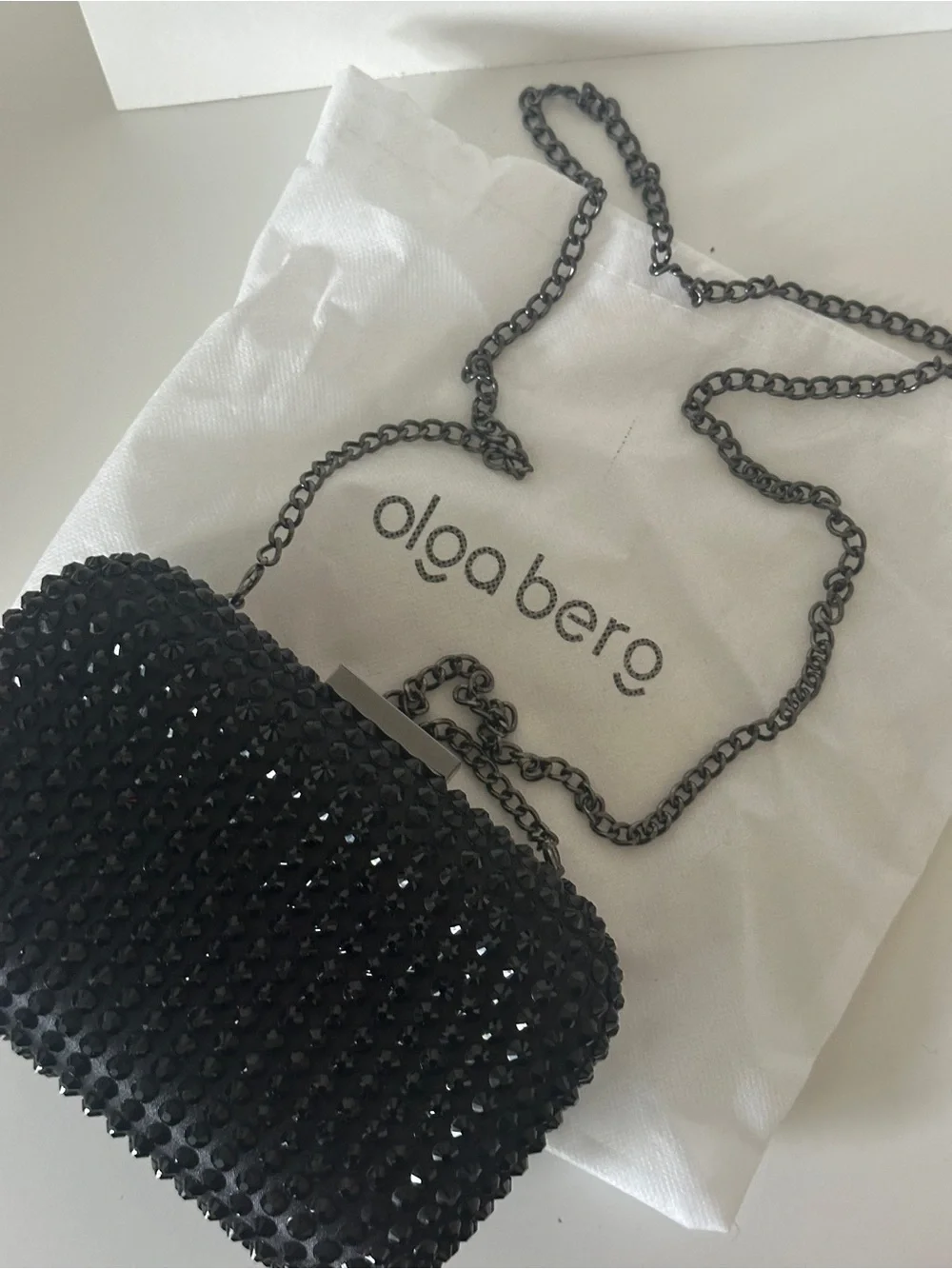 Olga Berg Black Crystal-Embellished Evening Clutch